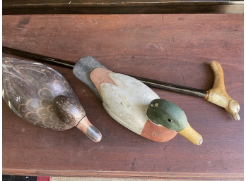 2 Carved & Painted Duck Decoys & 1 Dog Figural Cane