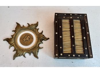 Porcupine Quill Box, Bronze Medal & Metal Sunburst Frame