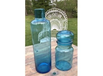 2 Pieces Vintage Blue Glass