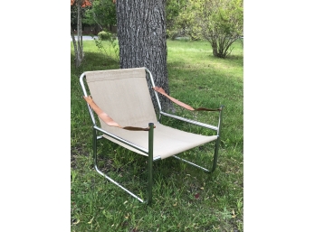 Mid Century Sling Chair With Leather Arms, Chrome Frame, Canvas Low Chair
