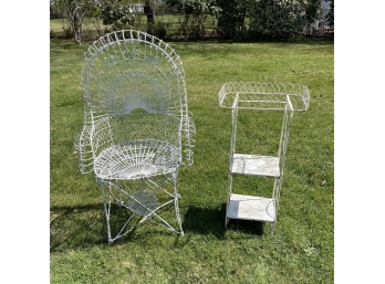 Vintage French Wire Peacock Garden Chair And Plant Stand