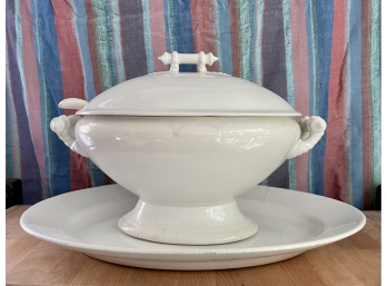 Antique White Iron Stone Tureen With Plate & Ladle