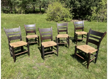Set Of 6 Antique Ladder Back Chairs With Rush Seat