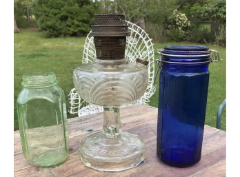 Lot Pressed & Faceted Glass Inc. Oil Lamp