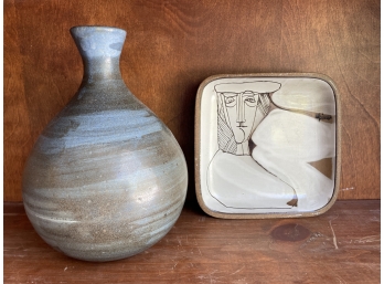 Ceramic Blue Vase And Decorative Pottery Plate