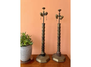 Pair Of Vintage Bronze Palm Tree Lamps