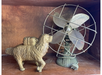 Vintage Tiny Fan And Cast Iron Dog Bank