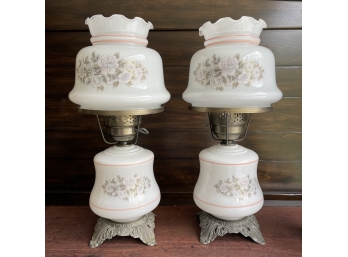 Pair Of Vintage Glass Hurricane Lamps With Floral Motif