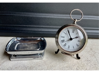 Pottery Barn Pocket Watch Style Clock On Stand And Chrome Dish