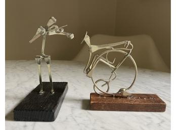 2 Small Steel Nail Sculptures On Wood Plynths