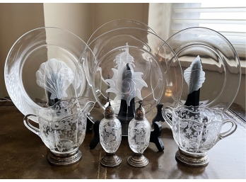8 Pcs. Etched Glass Some With Sterling Rims