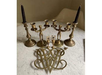 Lot Brass & Bronze Items Inc. Trivet & Candlesticks