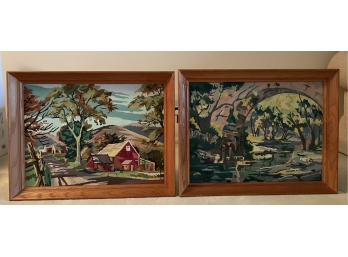 2 Mid Century Paint By Number Landscapes Wood Frames