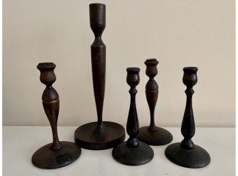Group Of Antique Turned Wood Candlesticks