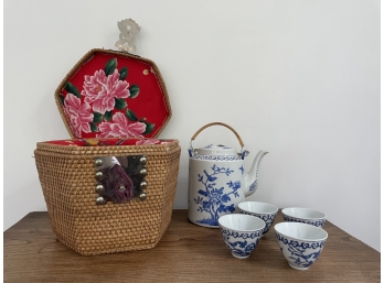 Vintage Chinese Porcelain Wedding Tea Set With Four Cups In A Wicker Basket