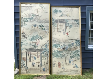 Pr. Large Oriental Paintings On Linen