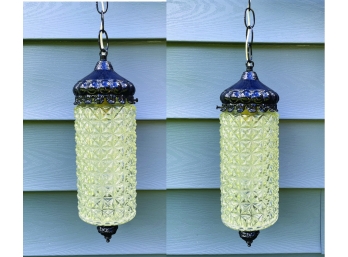 Pair Of Vintage Moroccan Bohemian Style Cut Glass Painted Hanging Fixtures - Navy