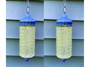 Pair Of Vintage Moroccan Bohemian Style Cut Glass Painted Hanging Fixtures - Blue