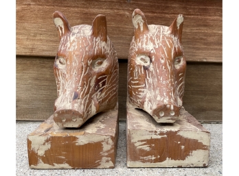 Pair Boar Figural Carved Wood Bookends