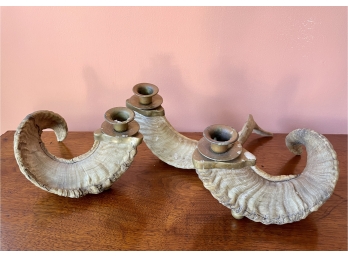 Set Of 3 Vintage Ram Horn Candle Holders With Brass Fittings