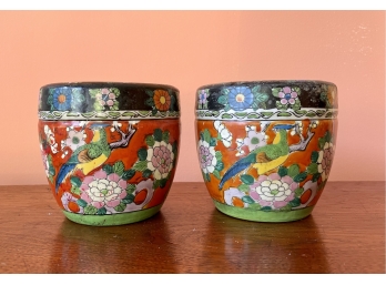 Pair Of Small Vintage Asian Hand Painted Planters