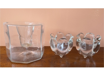 3 Glass Candle Holders 2 Flower Figural