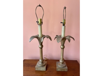 Pair Brass Hollywood Regency Palm Tree Lamps