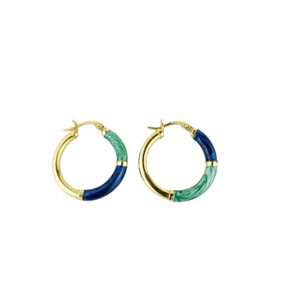 18K Yellow Gold Hollow Hoop Earrings With Blue And Green Enamel