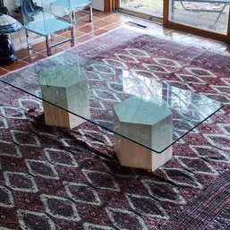Post- Modern Italian Travertine Hexagon Marble & Glass Coffee Table