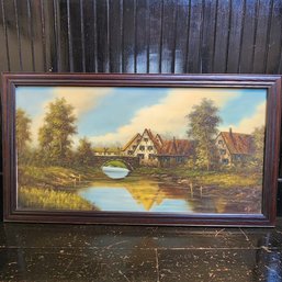 Large Rectangular Mid 20th Century Country Autumn Scene Oil On Canvas Painting 48' X 24'