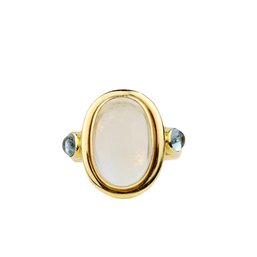 18K Yellow Gold Moonstone Aquamarine Cabochon Ring Marked E