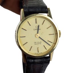 Vintage 14k Yellow Gold Ladies Omega De Ville Quart Leather Watch 5910031