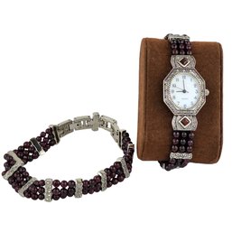 Avon Faux Garnet & Marcasite Art Deco Style Quartz Watch And Bracelet