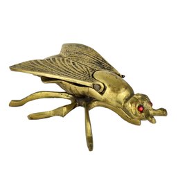 Vintage Brass Fly Ashtray & Decorative Object With Red Glass Eyes