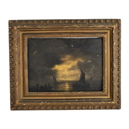 Signed Old Master Oil Painting On Panel Fishing Boats Under Moonlit Seascape Circa 1870's.