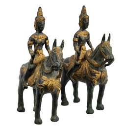 Pair Of Burmese Bronze With Deity Warrior On Horseback Figurines
