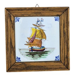 Vintage Mid- Century Ceramic Framed Hand Painted Tile Sailing Boat