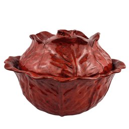 Large Glazed Italian Red Cabbage Leaf Bowl With Lid