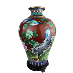 Vtg Chinese Brass, Floral, Enamel & Bird Cloisonne Vase With Base