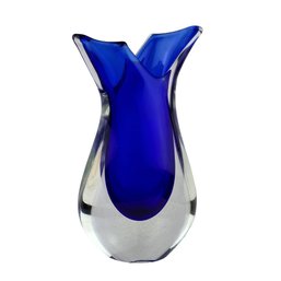 Original Murano Thick Blue/White Wing Fishtail Sommerso Glass Vase