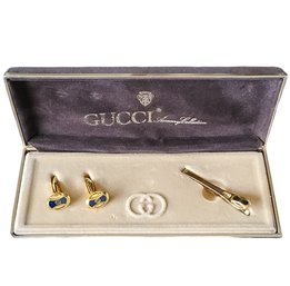 Gucci Vintage Interlocking Gold-Tone Cufflinks Tie Clip Set