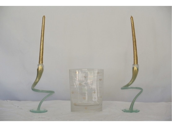 Signed Steninge Slott, 2005 Vase And Two Swirled Glass Candlesticks