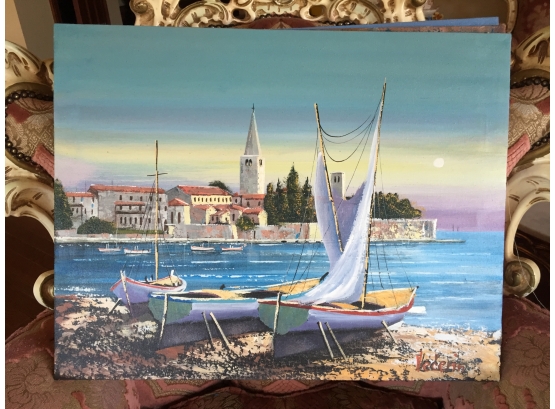 Oil On Canvas Unframed Signed Vecerin: Three Sailboats With Church Spire