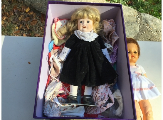 Anne Geddes Storage Box And Three Vintage Dolls With Accessories