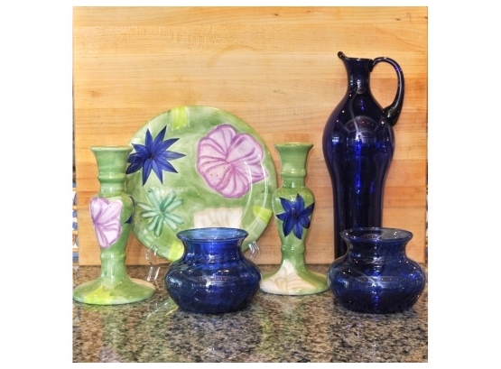 Colorful Cobalt Ablue And Green Decorated Group - 6 Pieces