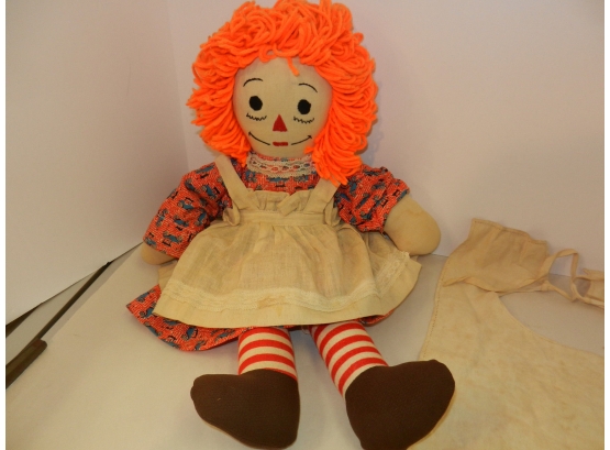 Vintage RAGGEDY ANN 18' Cloth Doll W/ Bright Orange Hair, Dress & Smock