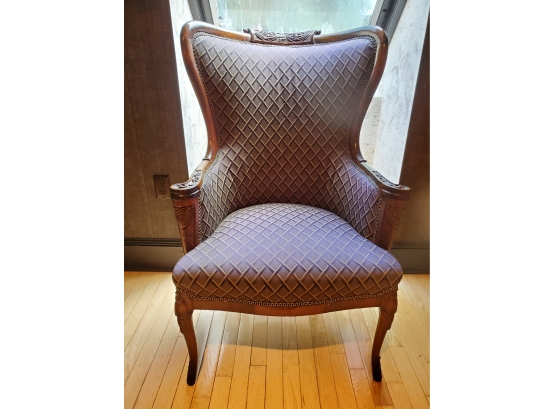 Beautifully Carved Wood Arm Chair With Upholstered Seat And Back