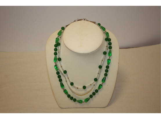 New Handmade 925 Sterling Silver Green Glass & Iridescent Seed Bead 3-Strand 16' Necklace