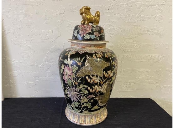 Large Oriental Jar With Gold Painted Foo Dog On Lid