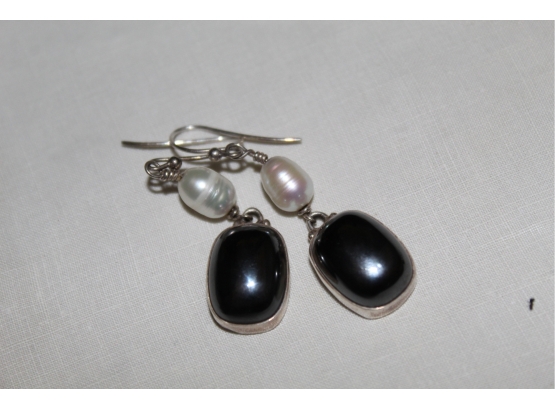 Sterling Onyx Pearl Earrings